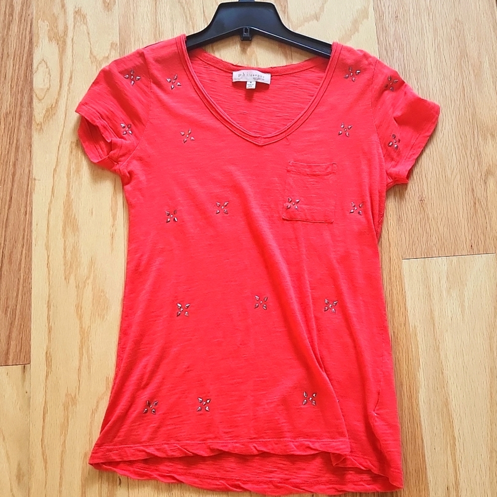 Short sleeves V neck Tee shirt orange red color medium